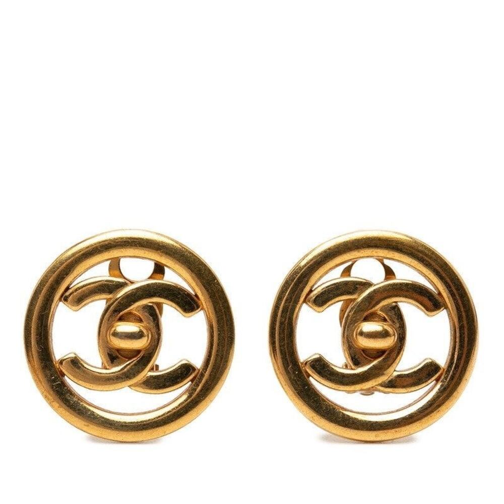 Chanel CC Logo Vintage Round Earrings 97P Engraved Gold Plated
